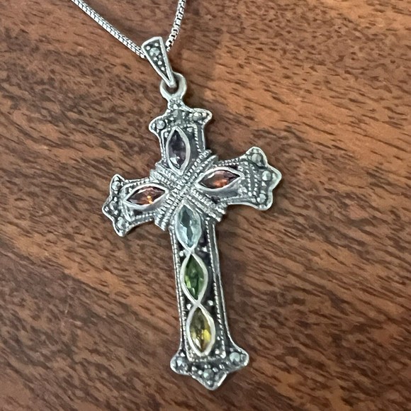 Sterling Silver .925 multi gemstone cross pendant necklace - Picture 10 of 11